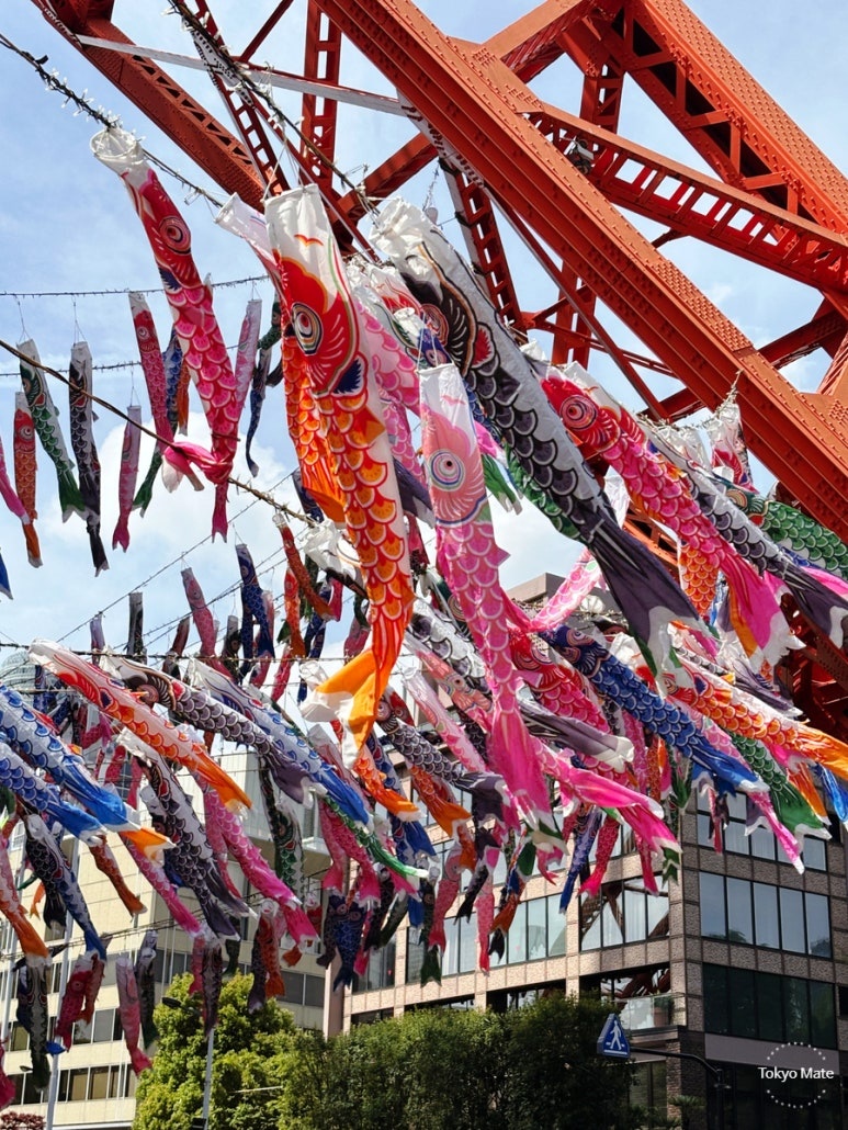 Koinobori carp streamers fluttering in the wind under a blue sky
