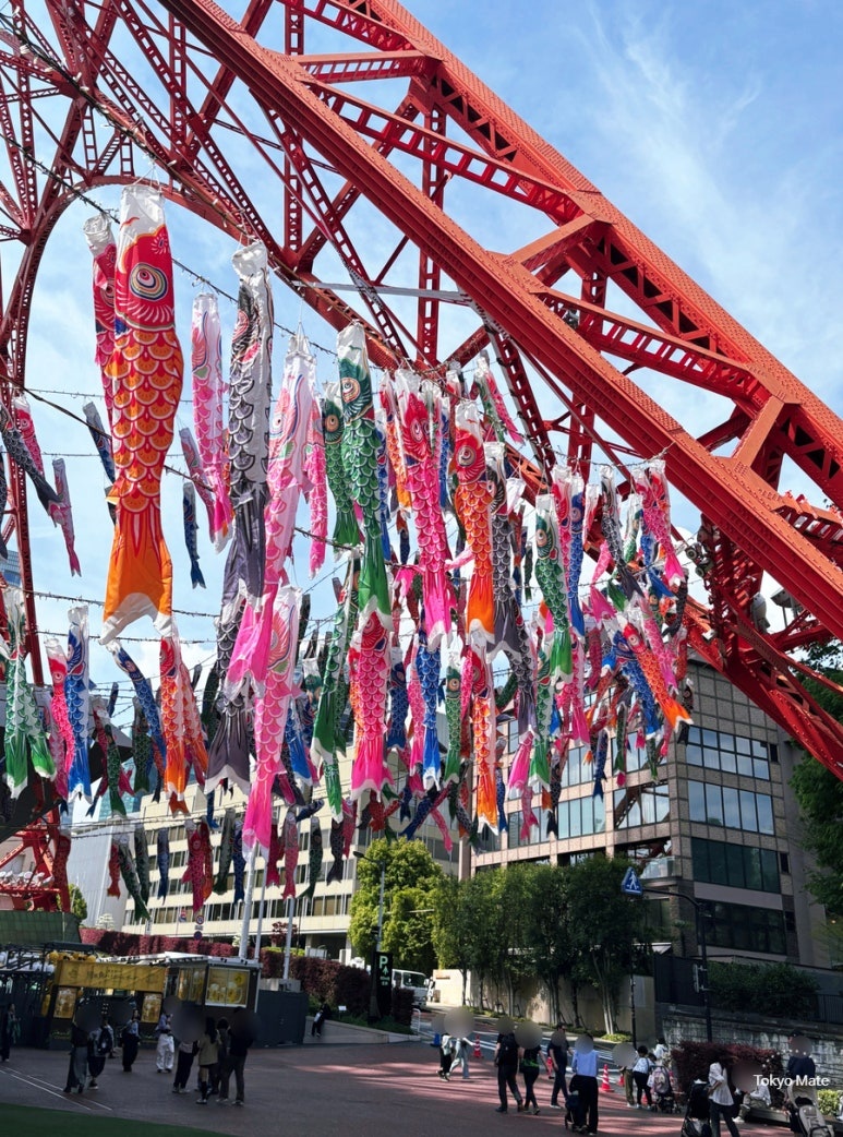 Koinobori displayed in front of Tokyo Tower 1F main entrance