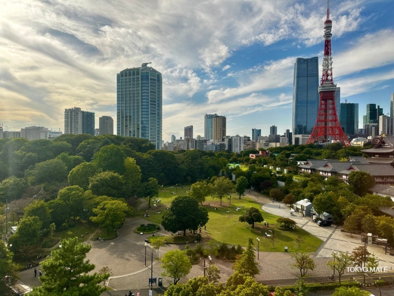 Minato Shiba Park lawn area with Tokyo Tower in the background