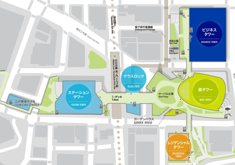 Toranomon Hills 4 tower location map showing Mori Tower, Business Tower, Glass Tower, Station Tower