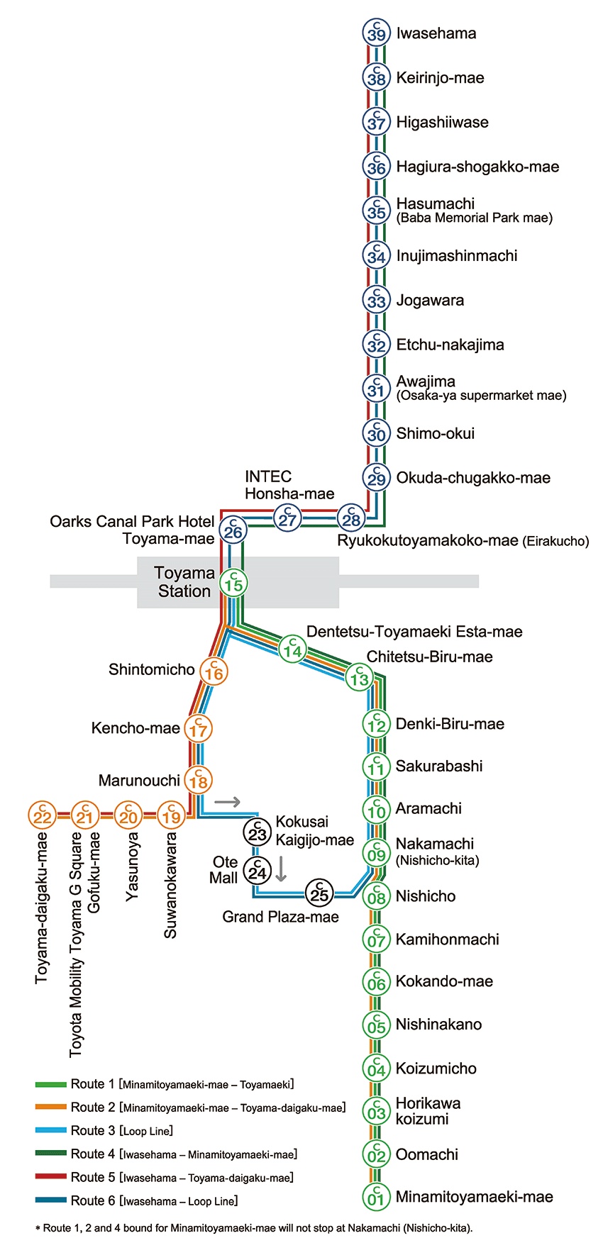 Toyama city tram route map (Shiden)