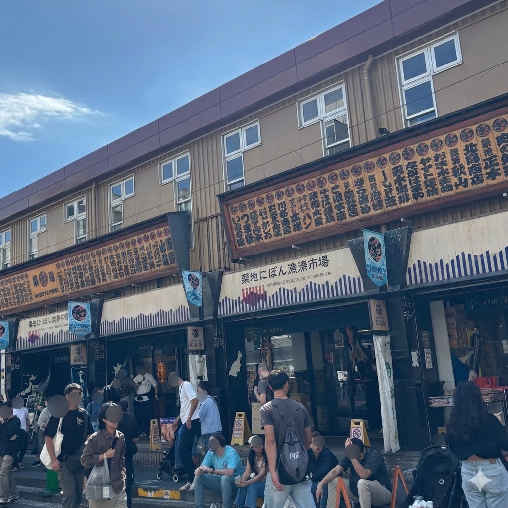 Tsukiji Market overview with fresh seafood displays