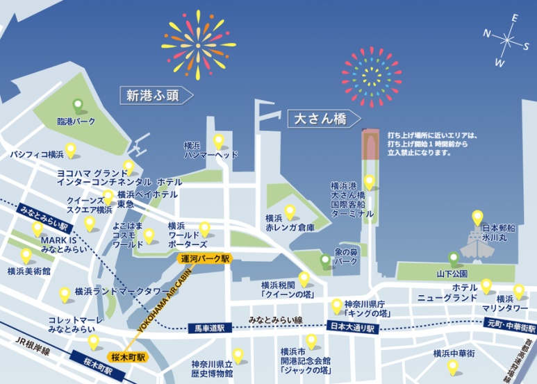 Yokohama Night Flowers venue map for O-sanbashi and Shinko Pier
